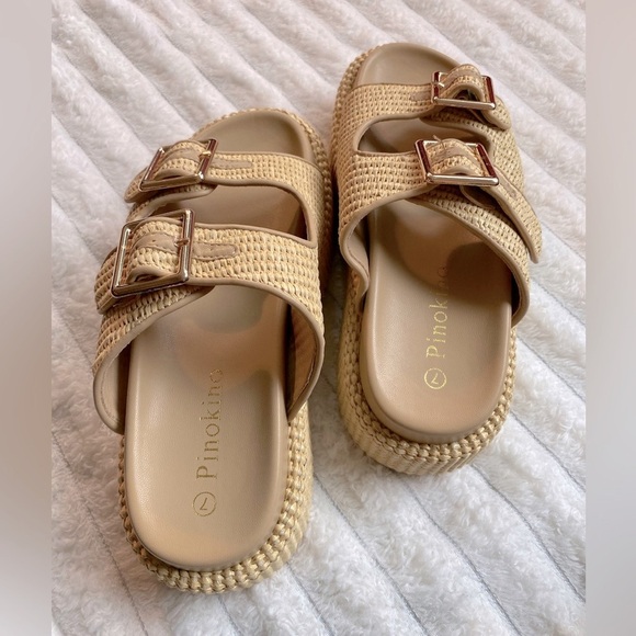 Raffia Platform Sandals with Double Buckle – Neutral Beige - Picture 6 of 7